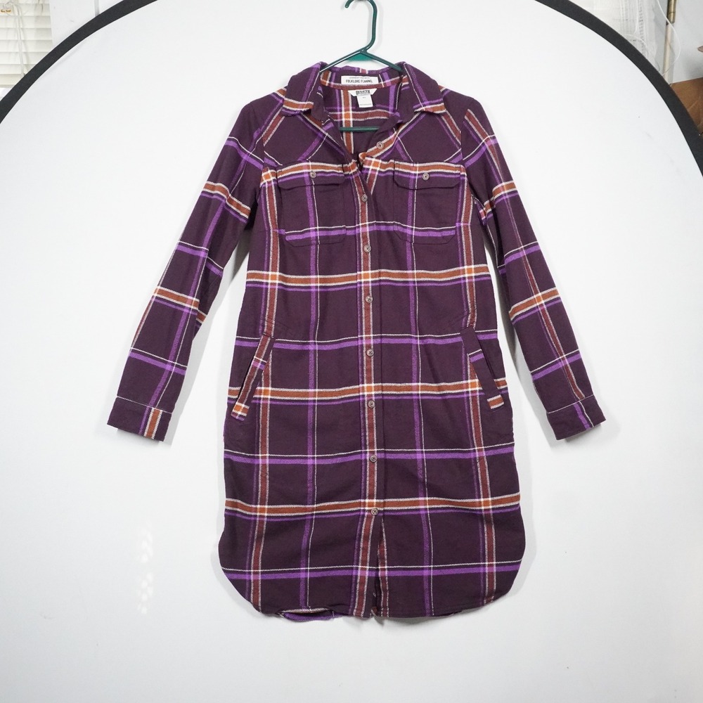 Duluth Trading Co Folklore Flannel Shirt Dress Purple Plaid Womens XS Pockets